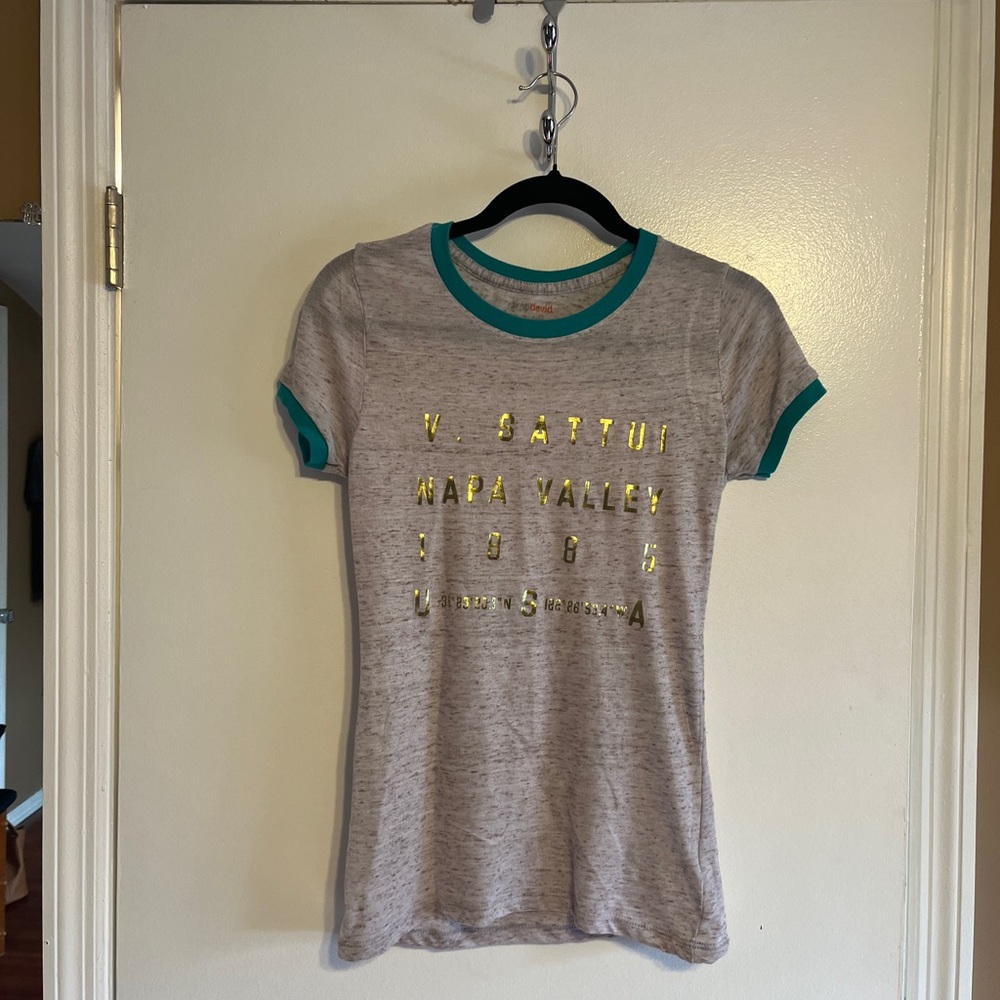 Gray Napa Valley Winery V. Sattui Sheer Crew T-Shirt Gold Lettering Teal lining
